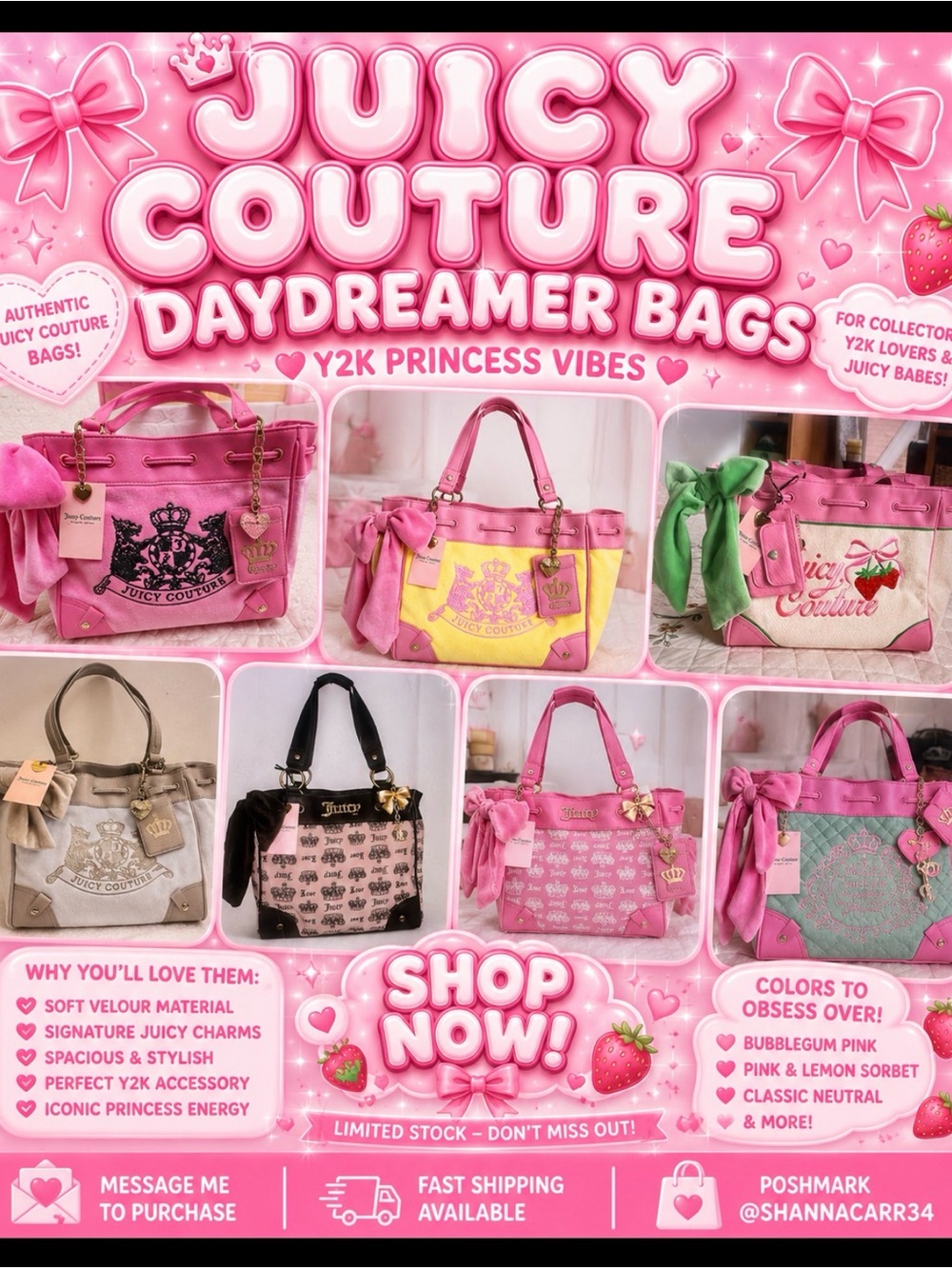 Juicy Couture Bubblegum Pink Velour Tote with Bow & Charm Details
